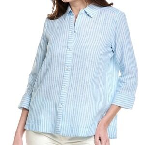 Foxcroft Harley‎ Linen Blue White Striped 3/4 Sleeve Button Down Shirt Size 16W